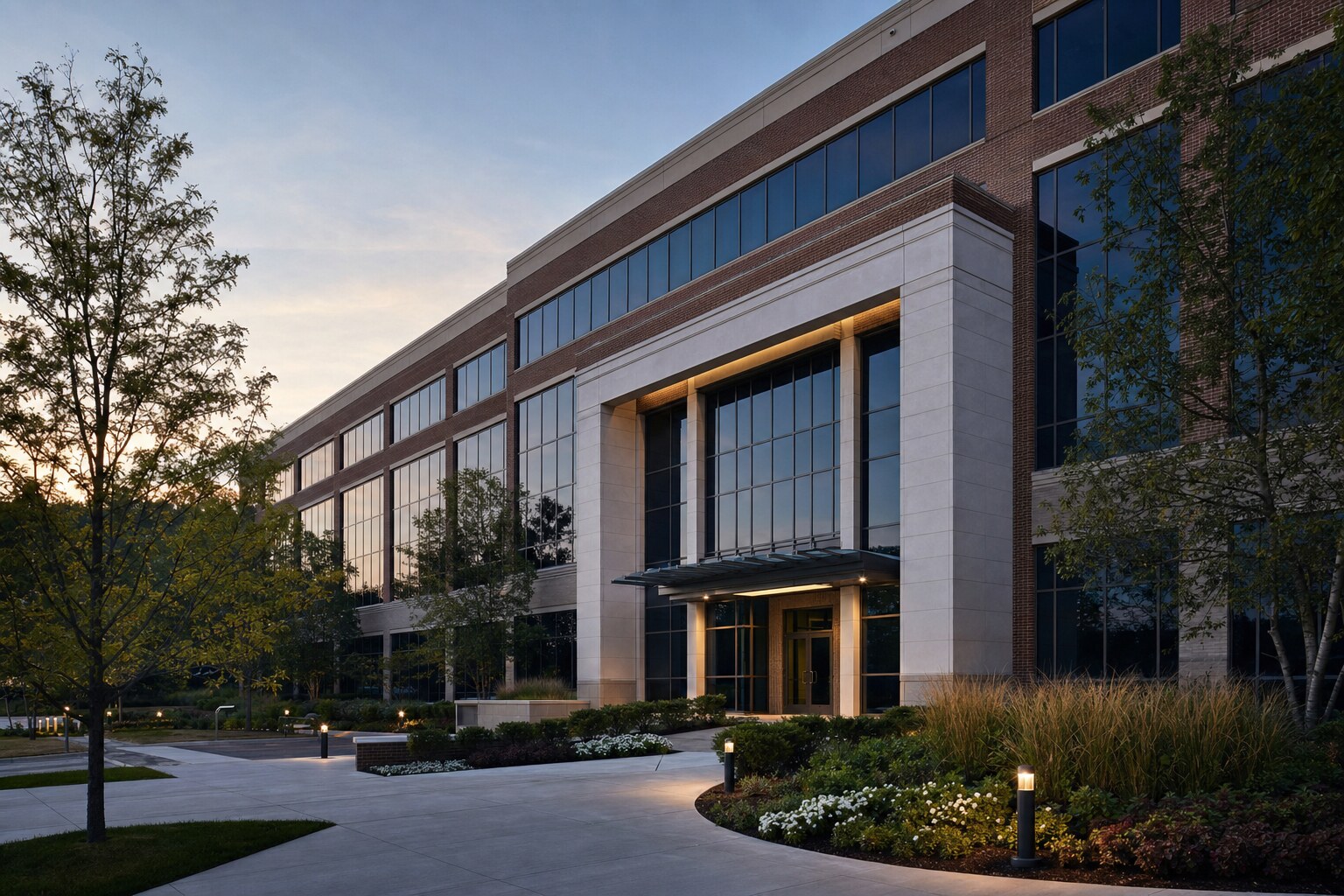 Professionally managed commercial office building with maintained exterior common areas